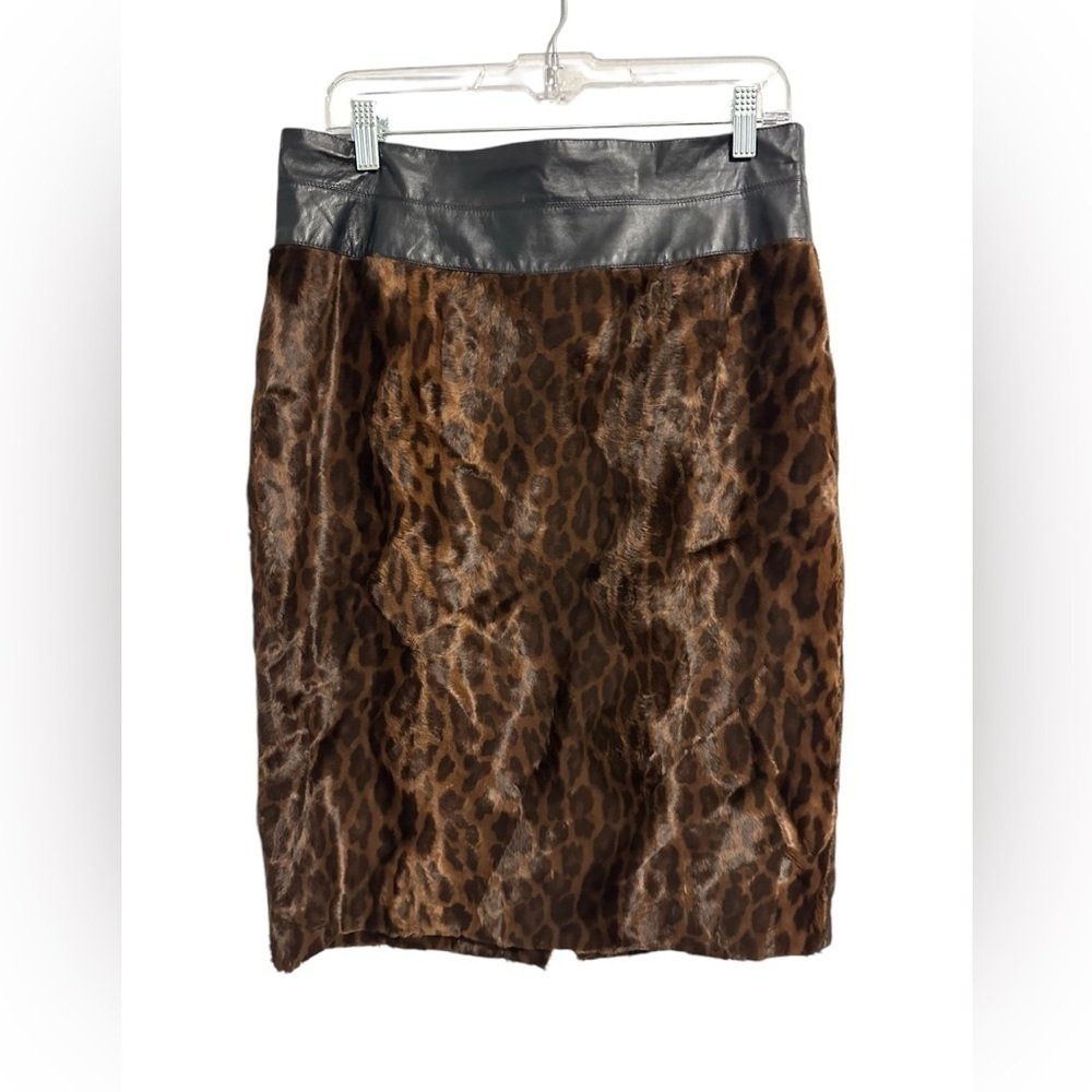 Lafayette 148 Straight Faux Fur Brown Leopard Print Skirt w/ Leather Waist SZ 10